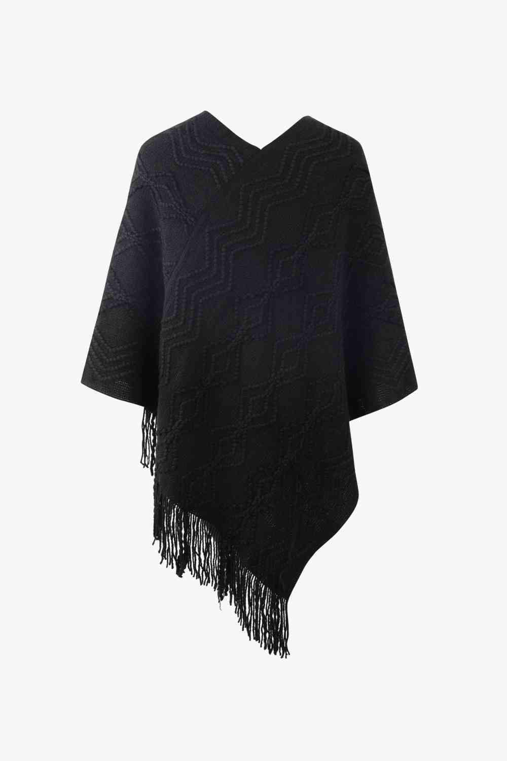 Pearl Embellished V-Neck Fringe Poncho - MXSTUDIO.COM