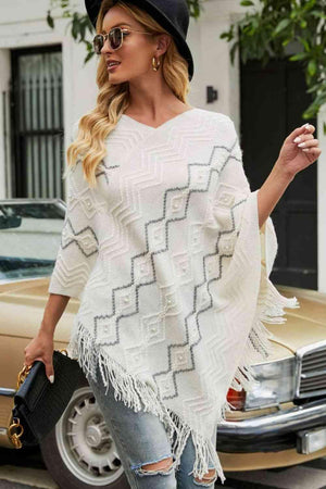 Pearl Embellished V-Neck Fringe Poncho - MXSTUDIO.COM