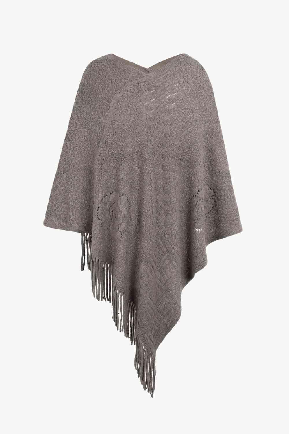 Pearl Trim V-Neck Fringe Poncho - MXSTUDIO.COM