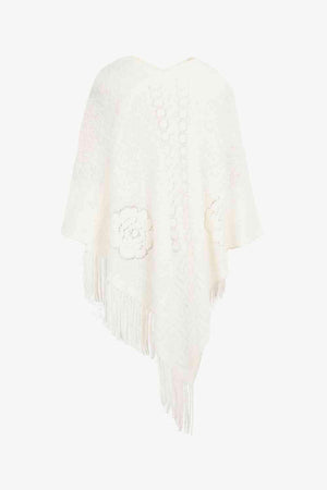 Pearl Trim V-Neck Fringe Poncho - MXSTUDIO.COM