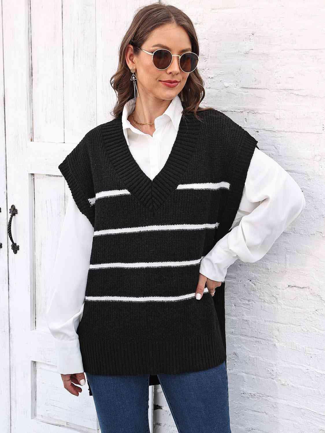 Perfect Layer V-Neck Striped Sweater Vest - MXSTUDIO.COM