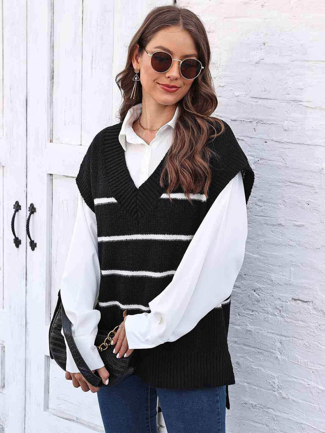 Perfect Layer V-Neck Striped Sweater Vest - MXSTUDIO.COM