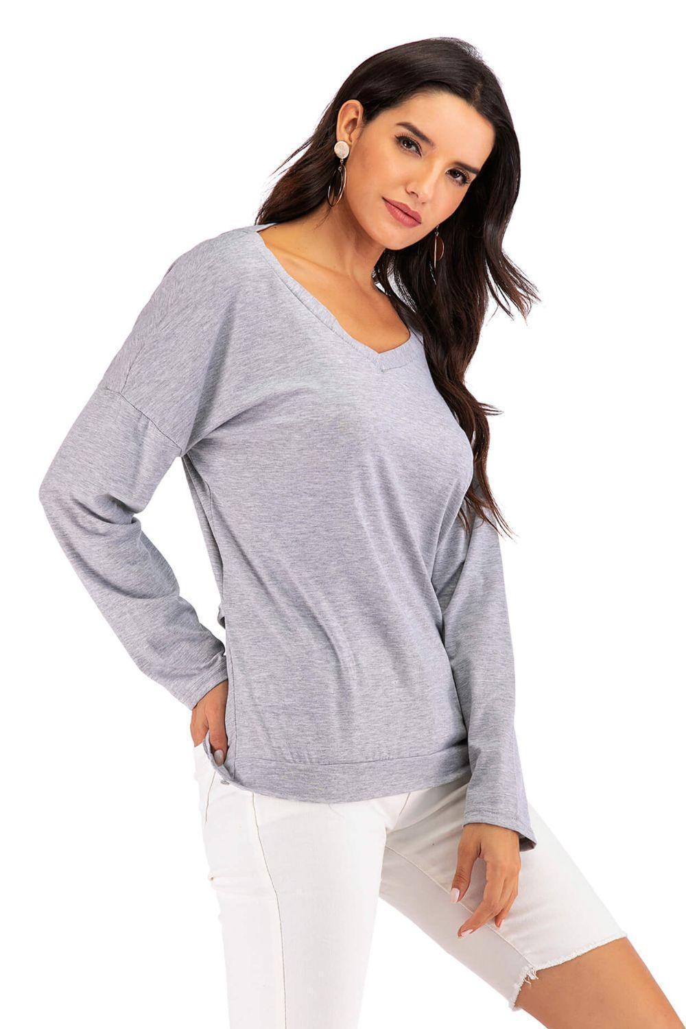 Perfect Me Open Back V-Neck Sweatshirt - MXSTUDIO.COM