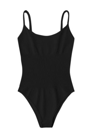 a black one piece swimsuit on a white background