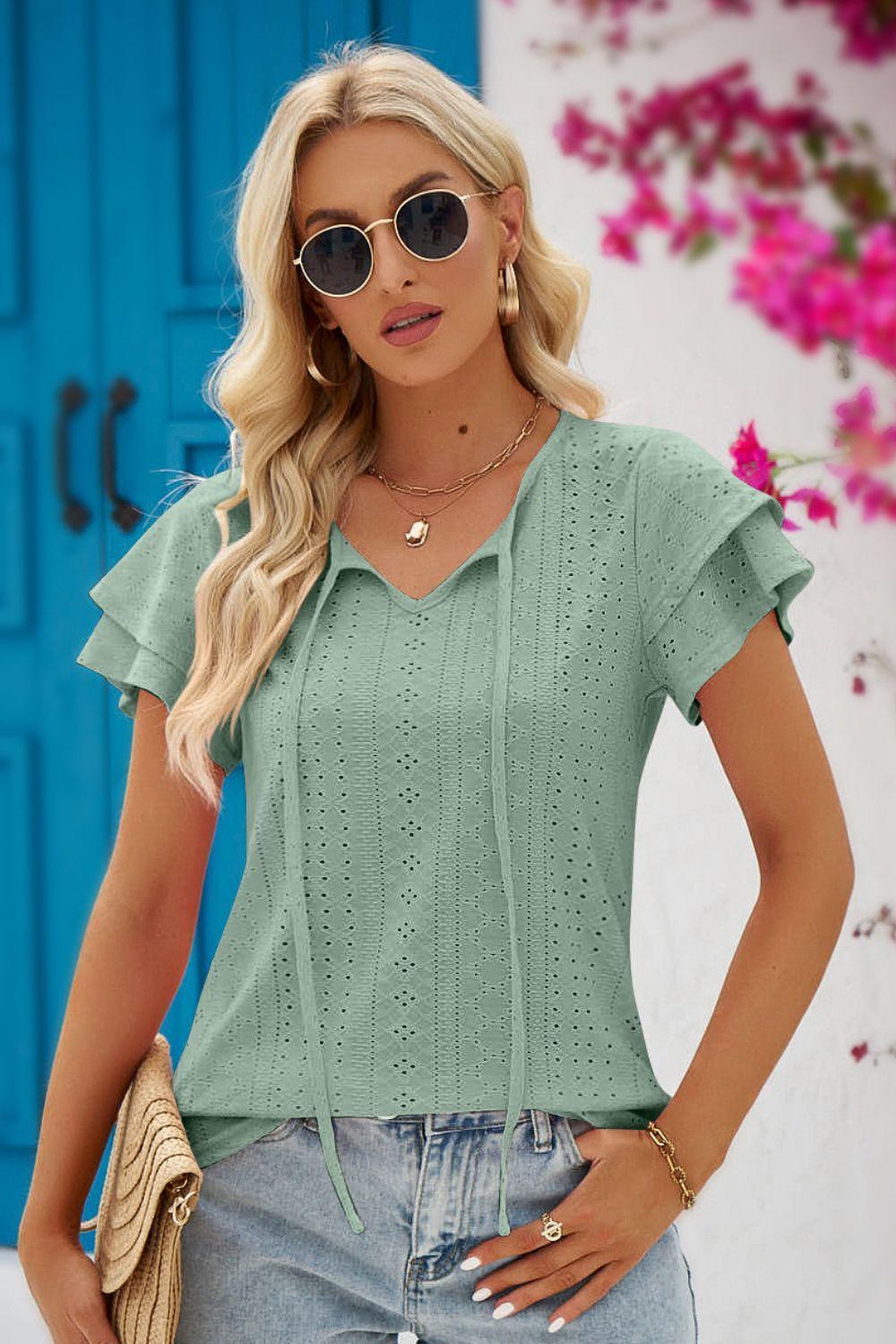 Perfect Sunday Tie-Neck Flutter Sleeve Blouse - MXSTUDIO.COM