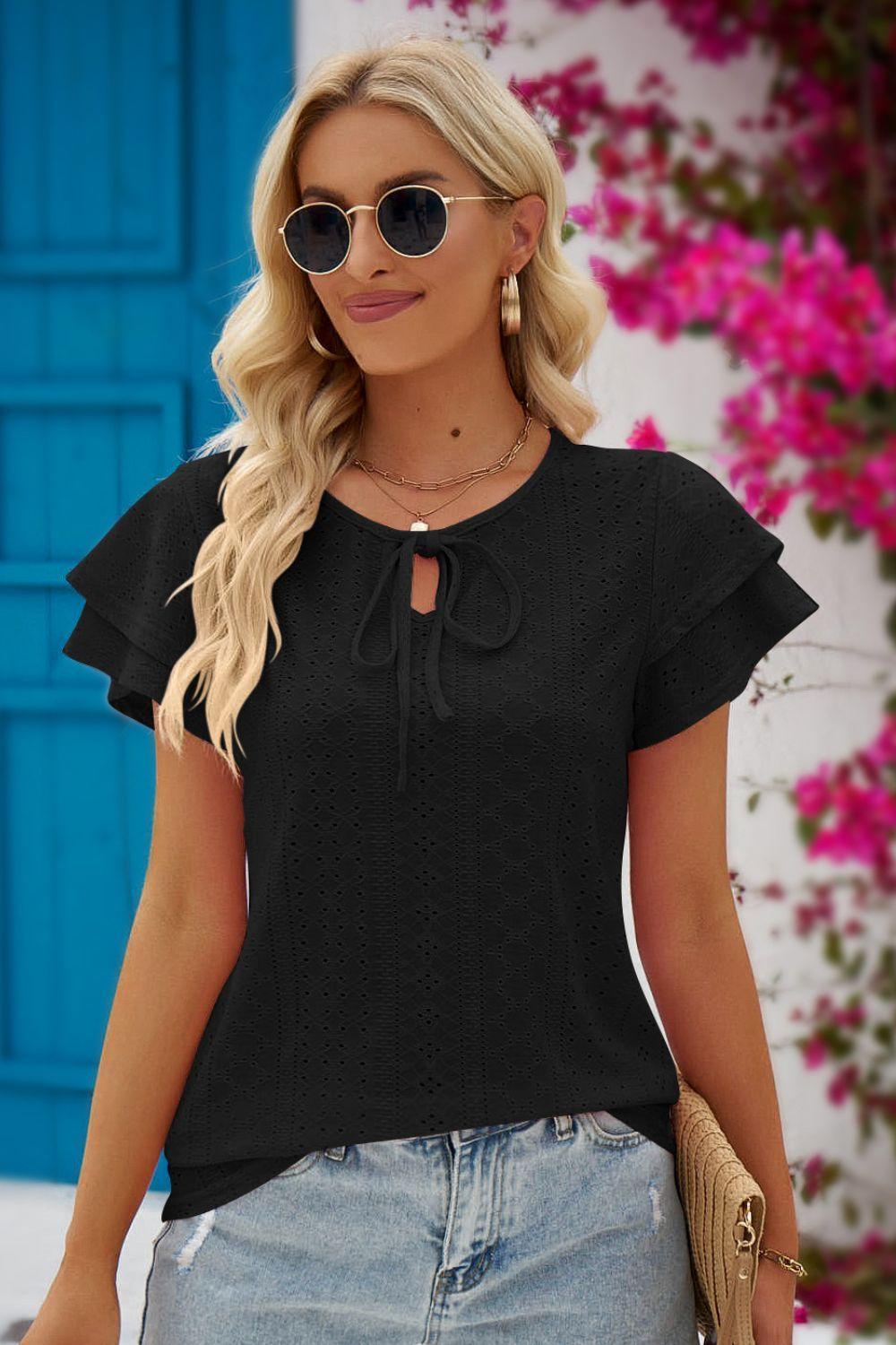 Perfect Sunday Tie-Neck Flutter Sleeve Blouse - MXSTUDIO.COM