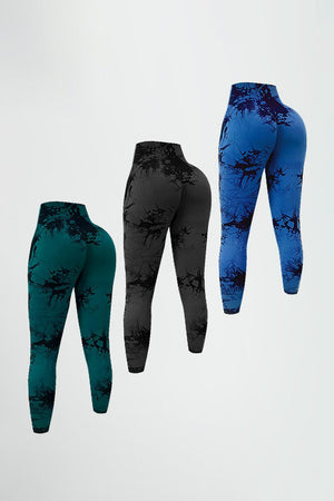 three pairs of leggings in various colors