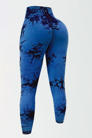 a woman's leggings with a blue and black pattern