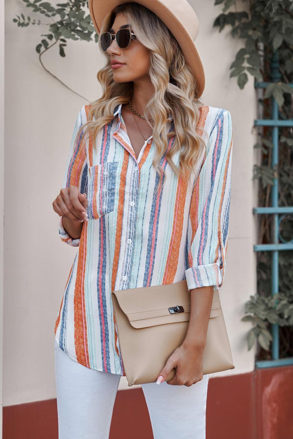 Perky Striped Button-Up Long Sleeve Shirt - MXSTUDIO.COM