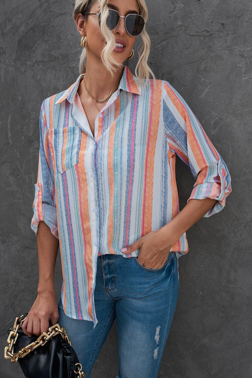 Perky Striped Button-Up Long Sleeve Shirt - MXSTUDIO.COM