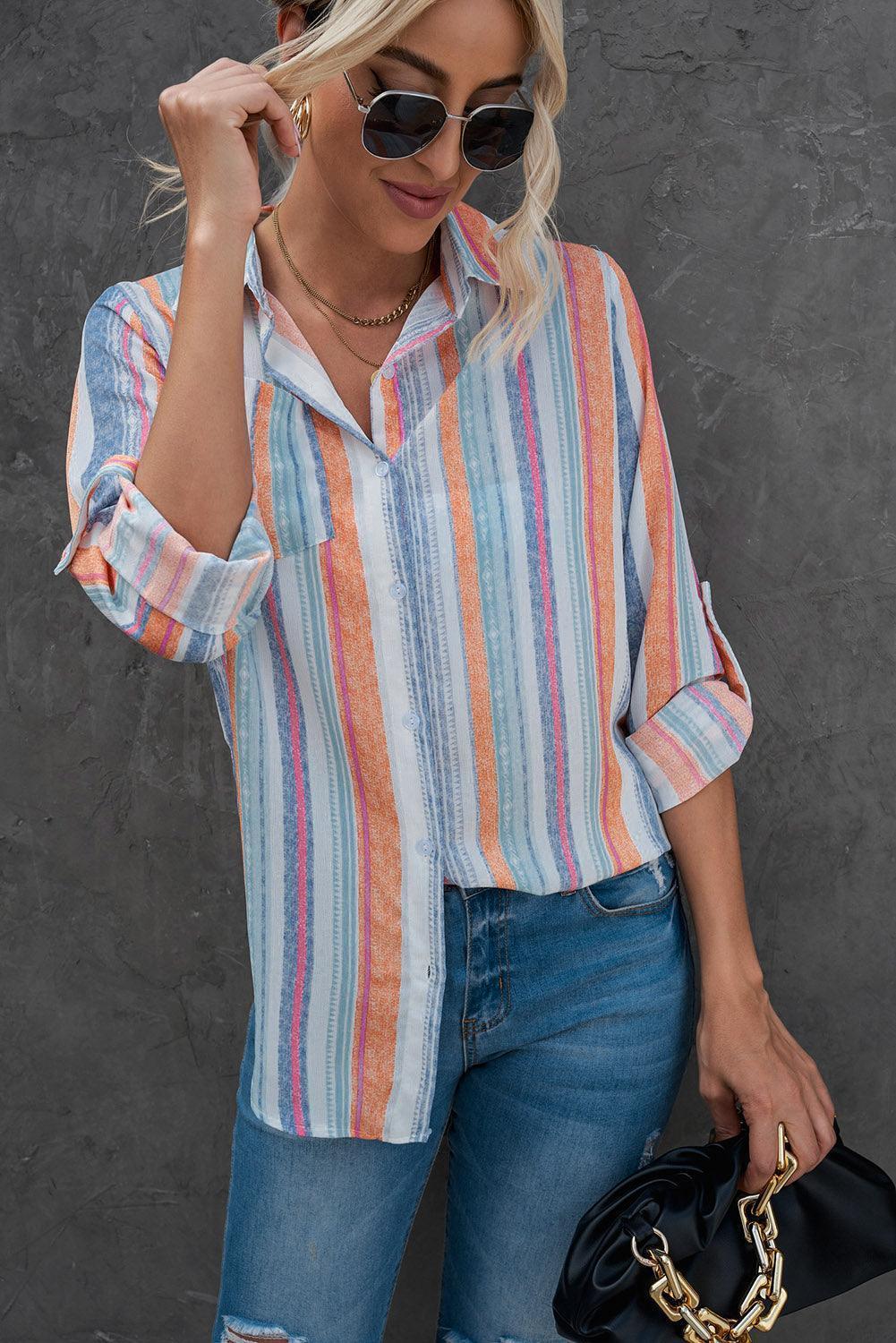 Perky Striped Button-Up Long Sleeve Shirt - MXSTUDIO.COM