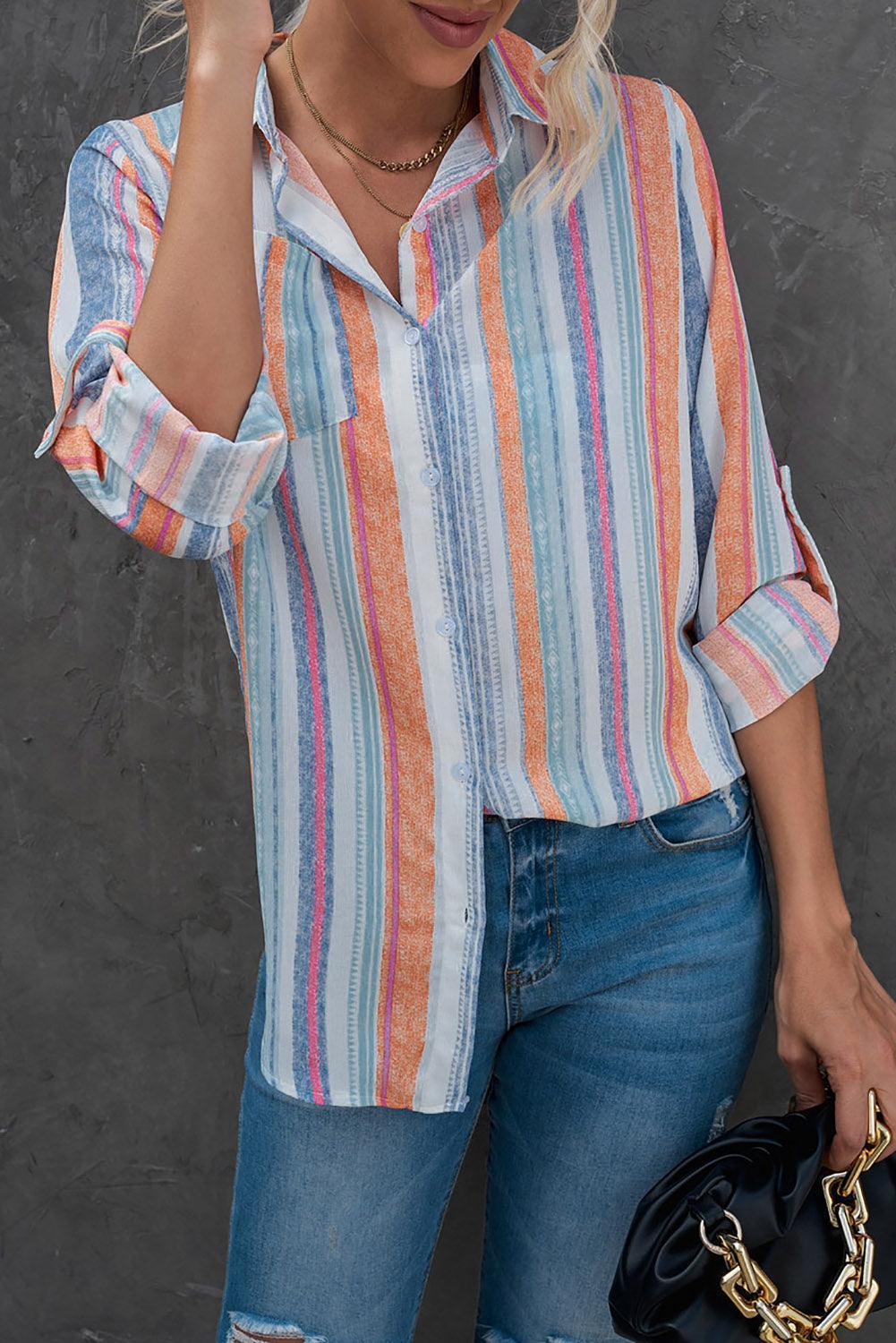 Perky Striped Button-Up Long Sleeve Shirt - MXSTUDIO.COM