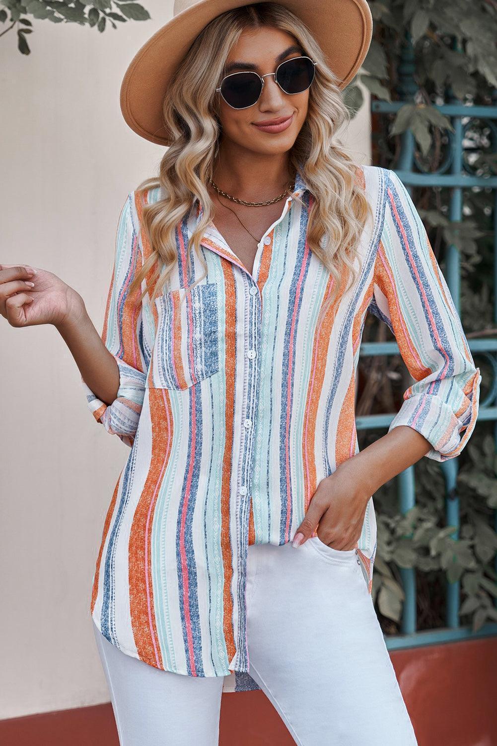 Perky Striped Button-Up Long Sleeve Shirt - MXSTUDIO.COM