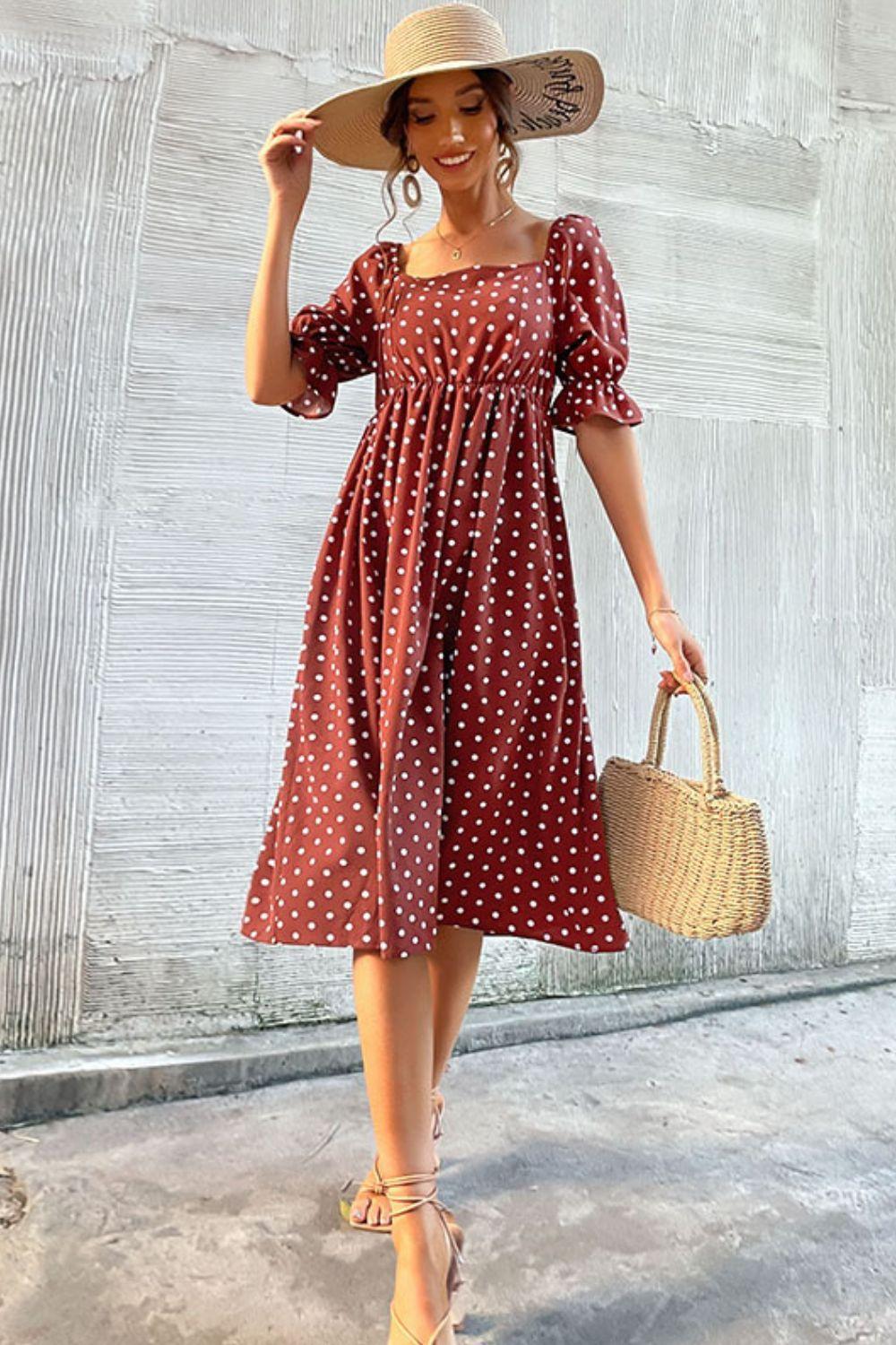 Photogenic Polka Dot Square Neck Midi Dress - MXSTUDIO.COM