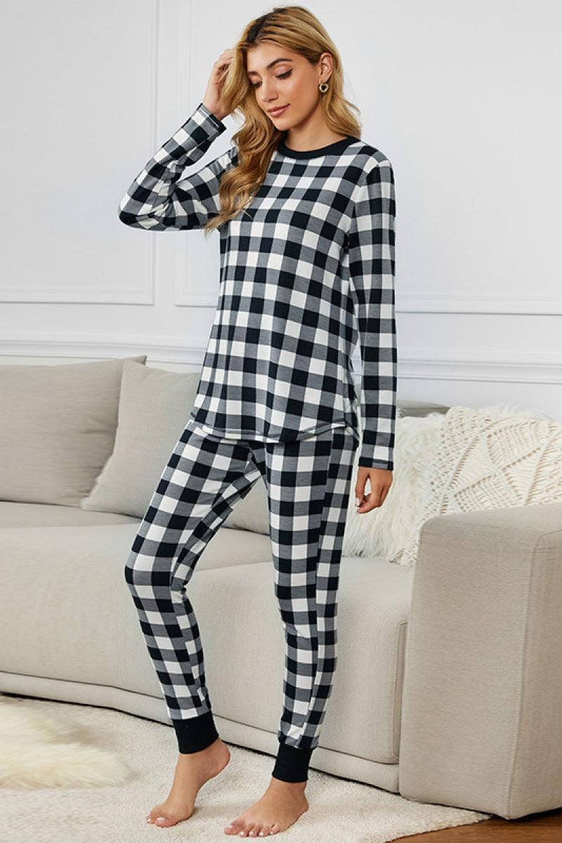 Plaid Crewneck Pullover And Pants Pajama Set - MXSTUDIO.COM