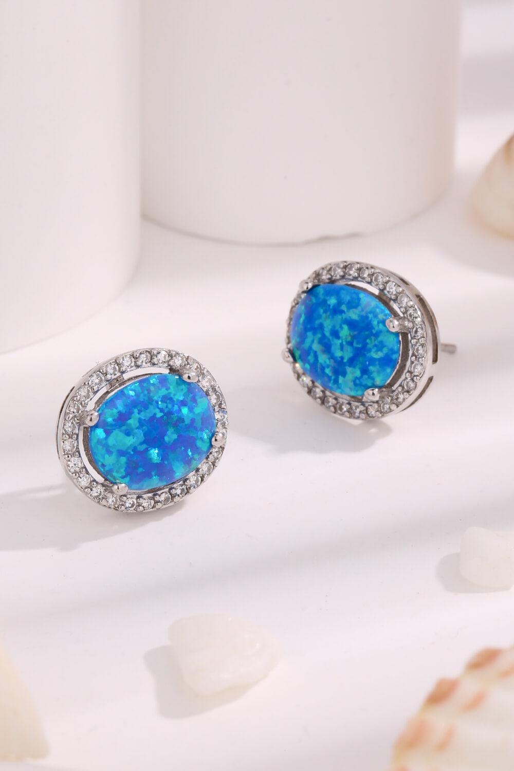 Platinum-Plated Blue Round Opal Stud Earrings - MXSTUDIO.COM