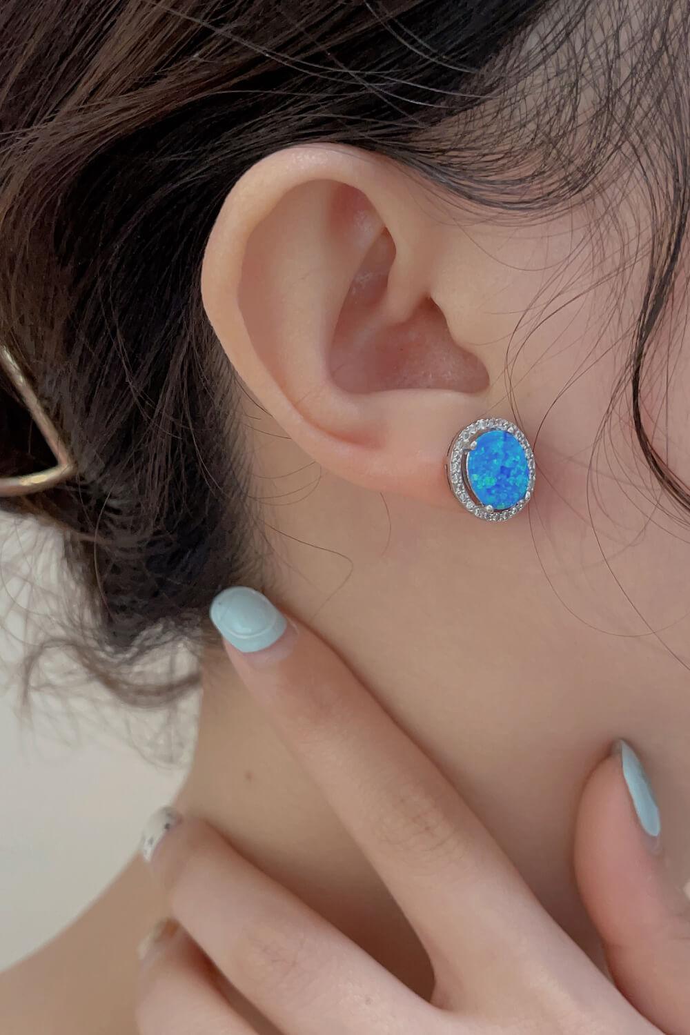 Platinum-Plated Blue Round Opal Stud Earrings - MXSTUDIO.COM