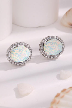 Platinum-Plated Blue Round Opal Stud Earrings - MXSTUDIO.COM