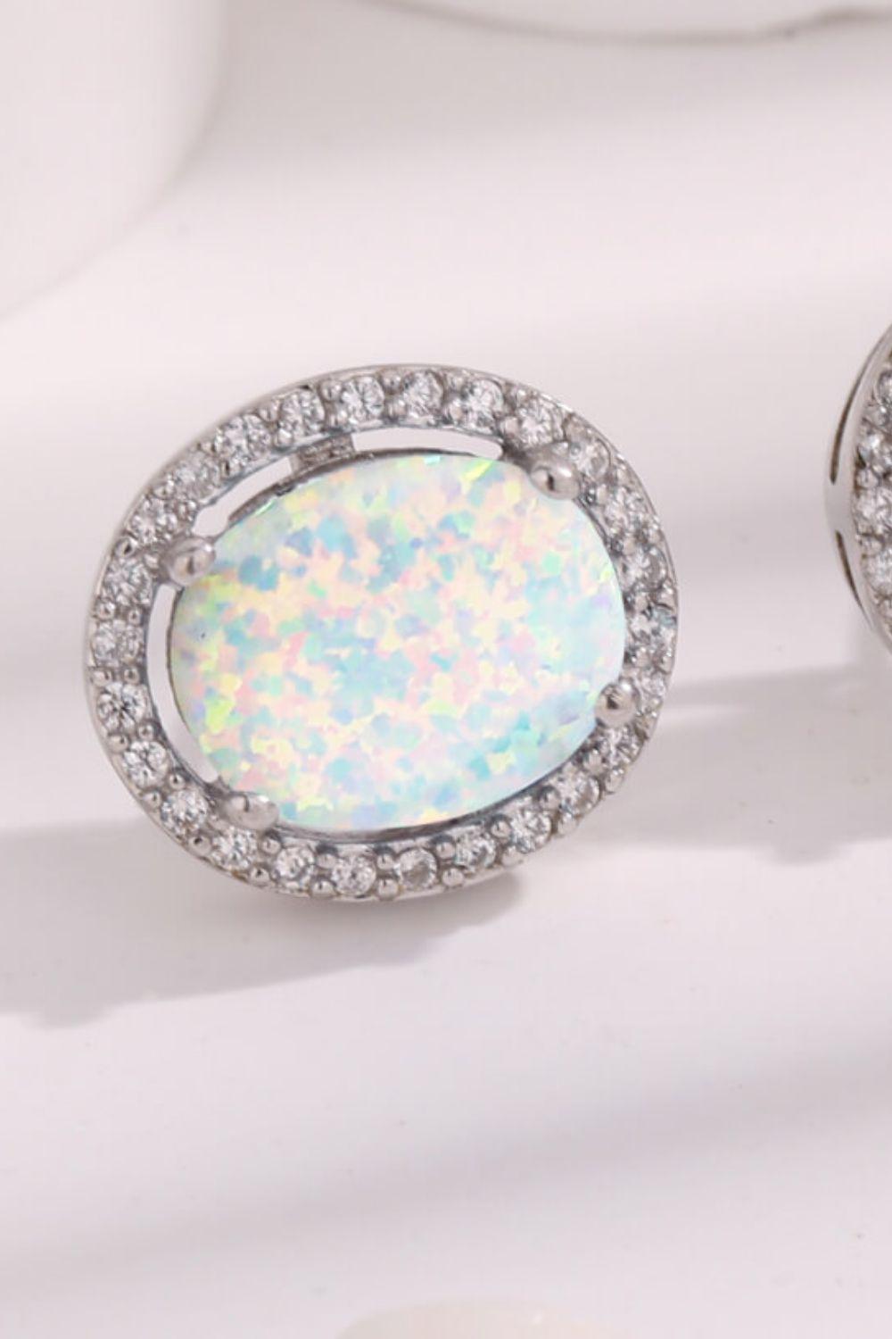 Platinum-Plated Blue Round Opal Stud Earrings - MXSTUDIO.COM