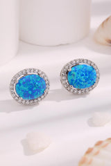 Platinum-Plated Blue Round Opal Stud Earrings - MXSTUDIO.COM