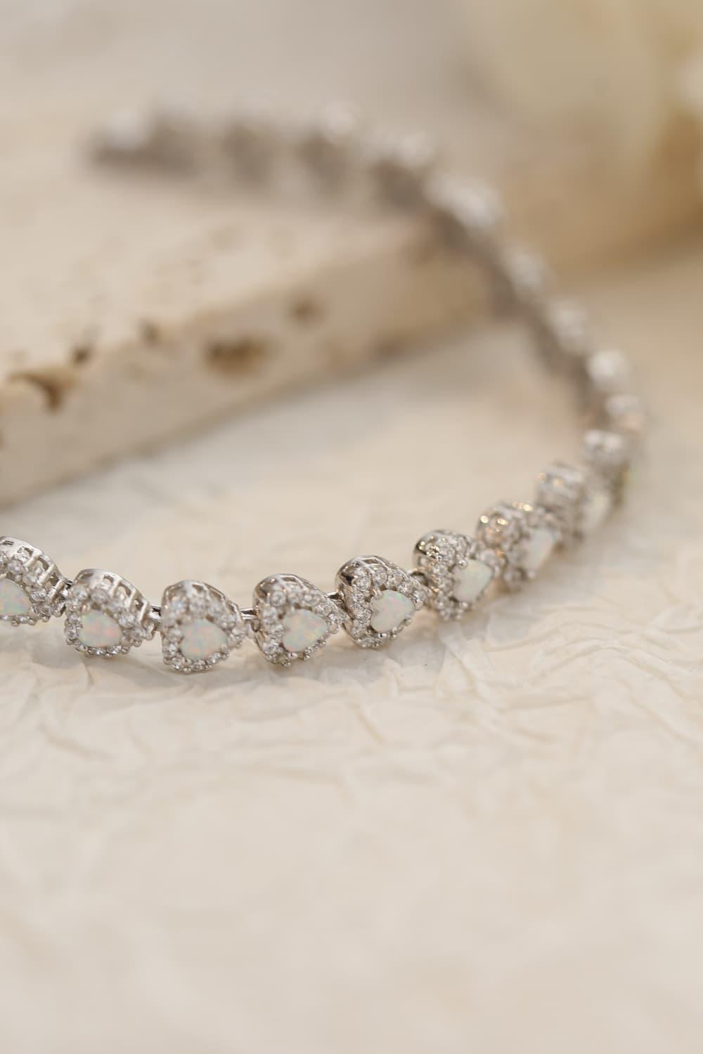 Platinum-Plated Heart Opal Bracelet Sterling Silver - MXSTUDIO.COM