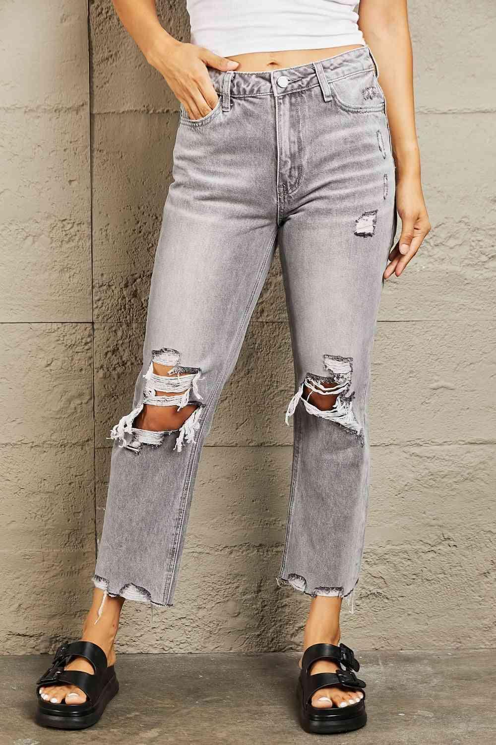 Play It Cool Straight Leg Ripped Cropped Jeans - MXSTUDIO.COM