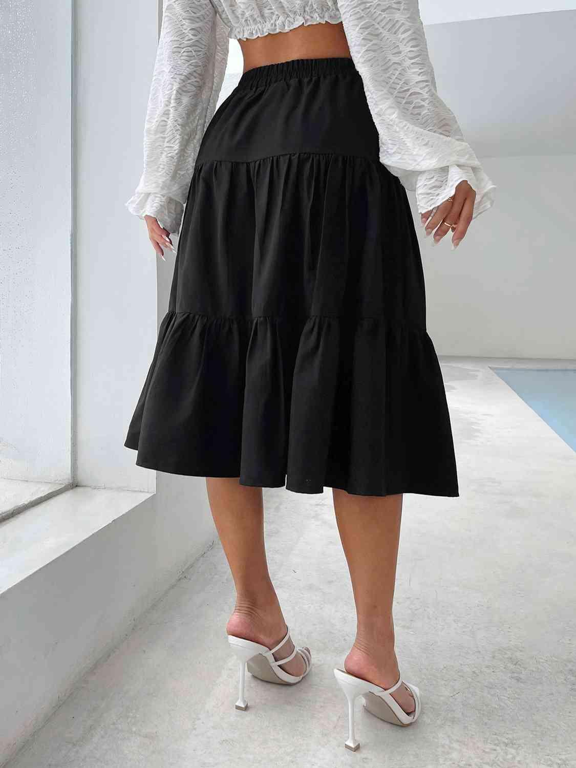 Playful Elegance Midi A-Line Black Tiered Skirt - MXSTUDIO.COM