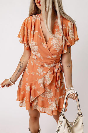 Playful Orange Floral Tie Waist Ruffled Dress - MXSTUDIO.COM