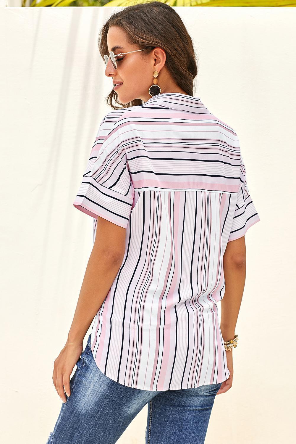 Playful Striped Collared Neck Short Sleeve Shirt - MXSTUDIO.COM