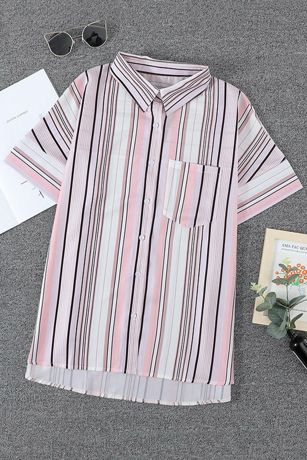 Playful Striped Collared Neck Short Sleeve Shirt - MXSTUDIO.COM