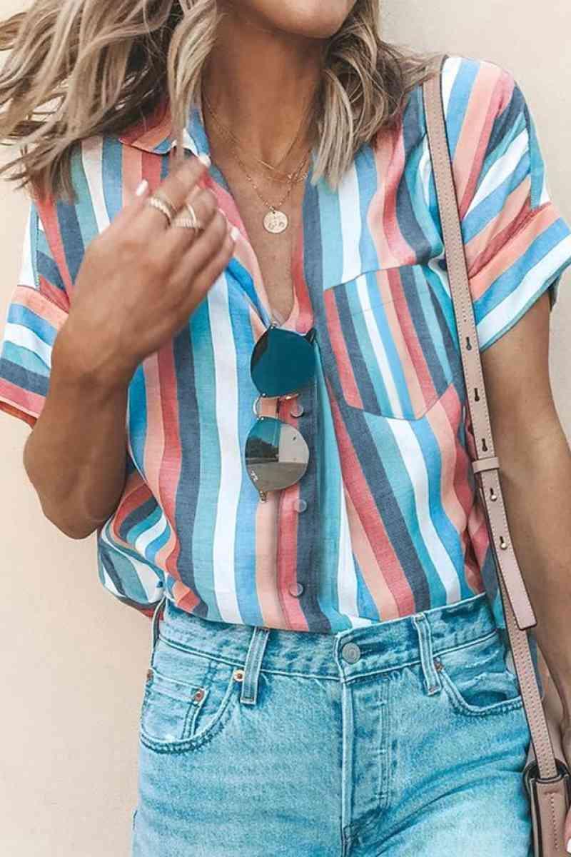 Playful Striped Collared Neck Short Sleeve Shirt - MXSTUDIO.COM