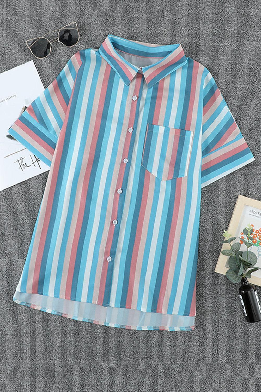 Playful Striped Collared Neck Short Sleeve Shirt - MXSTUDIO.COM