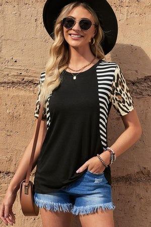 Playful Striped Leopard Color Block Tee - MXSTUDIO.COM