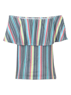 a women's off the shoulder top with multicolored stripes