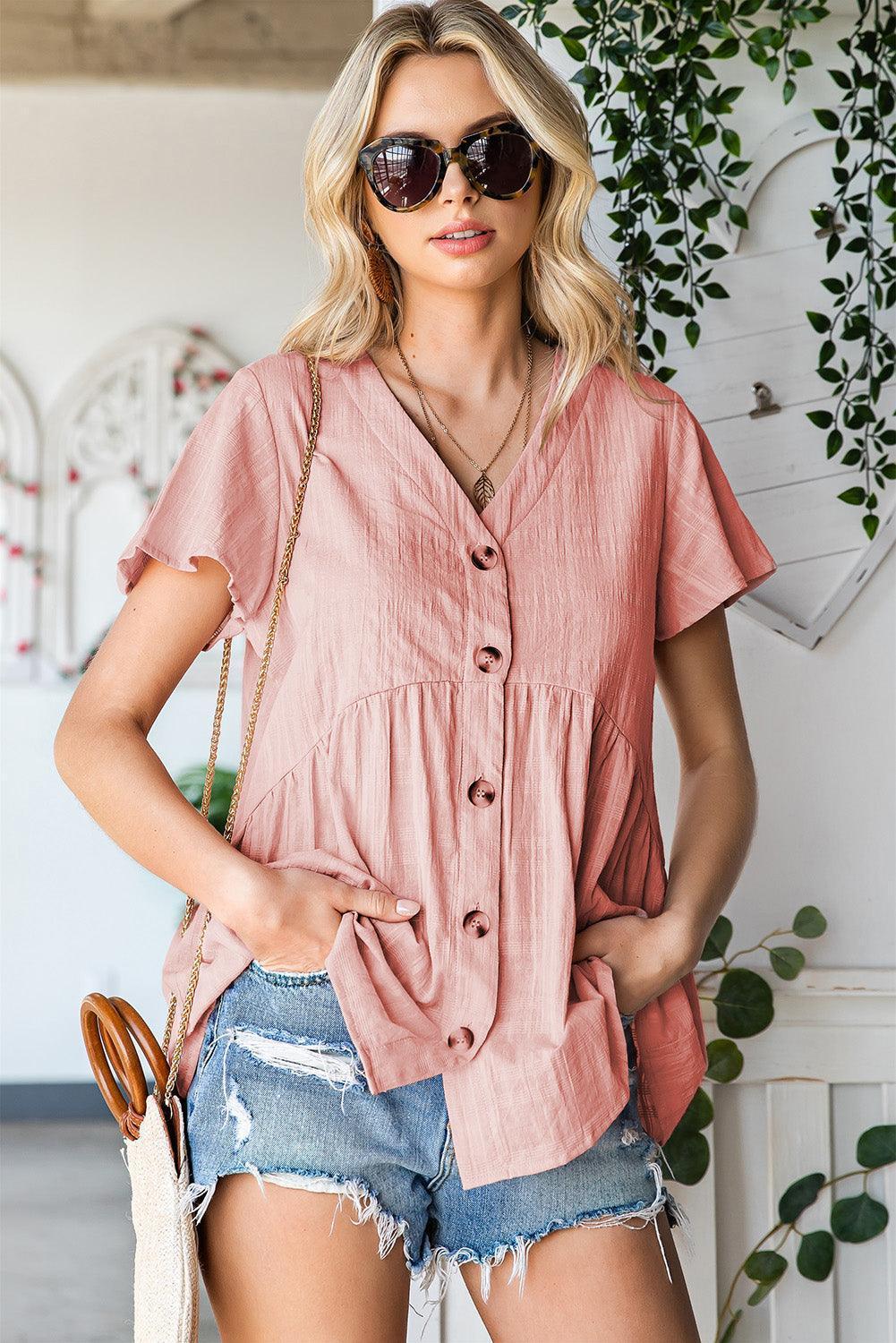 Playful Vibe Buttoned Short Sleeve Babydoll Top - MXSTUDIO.COM