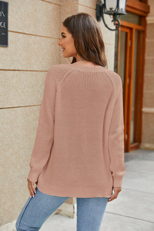 Pleasant Knit V Neck Long Sleeve Sweater - MXSTUDIO.COM