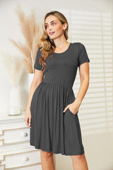 Pleated In Style Short Sleeve Knee Length Dress - MXSTUDIO.COM