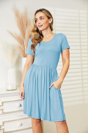 Pleated In Style Short Sleeve Knee Length Dress - MXSTUDIO.COM