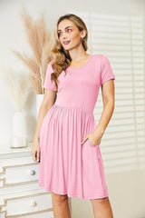 Pleated In Style Short Sleeve Knee Length Dress - MXSTUDIO.COM