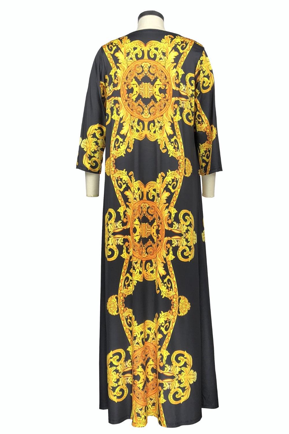 a black and yellow dress with yellow flowers on it