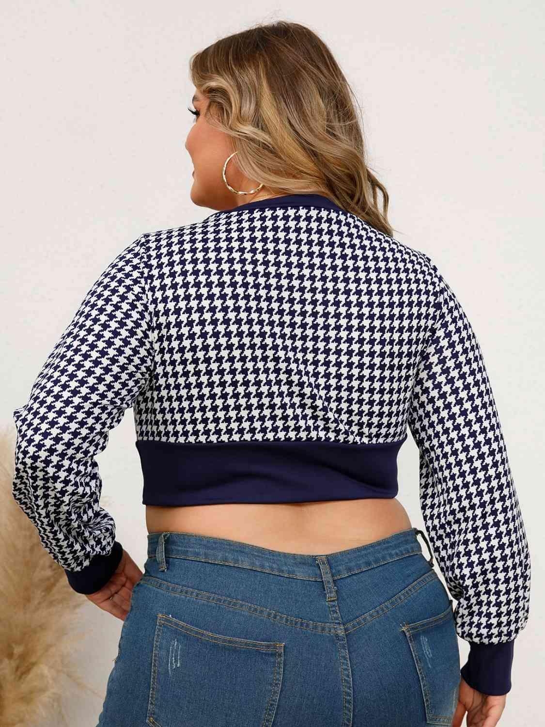 Plus Size Houndstooth Navy Cropped Blouse - MXSTUDIO.COM