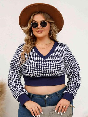 Plus Size Houndstooth Navy Cropped Blouse - MXSTUDIO.COM