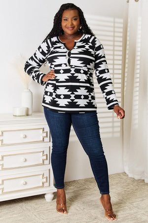 Plus Size Long Sleeve Geometric Print Top - MXSTUDIO.COM