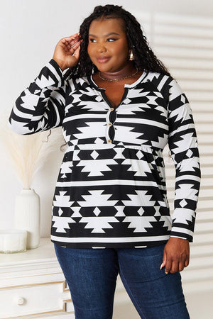 Plus Size Long Sleeve Geometric Print Top - MXSTUDIO.COM