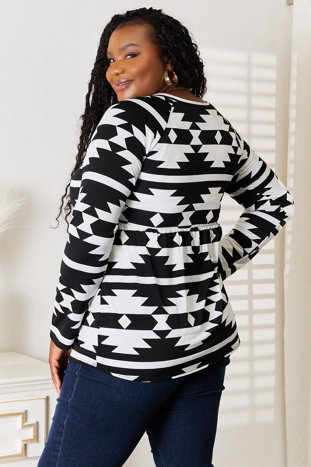 Plus Size Long Sleeve Geometric Print Top - MXSTUDIO.COM