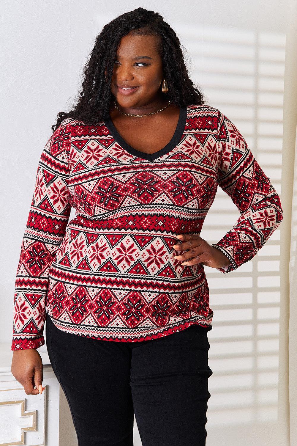 Plus Size Long Sleeve Women's Snowflake Top - MXSTUDIO.COM