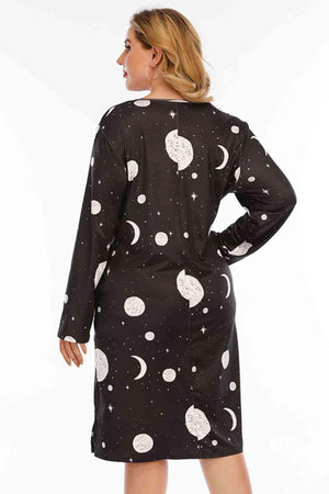 Plus Size Moon & Star Print Black Knee Length Dress - MXSTUDIO.COM