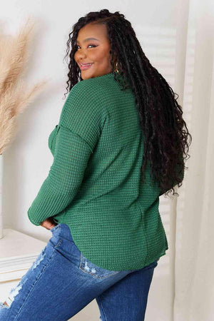 Plus Size Neck Patch Pocket Green Long Sleeve Top - MXSTUDIO.COM