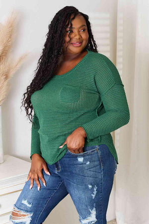 Plus Size Neck Patch Pocket Green Long Sleeve Top - MXSTUDIO.COM