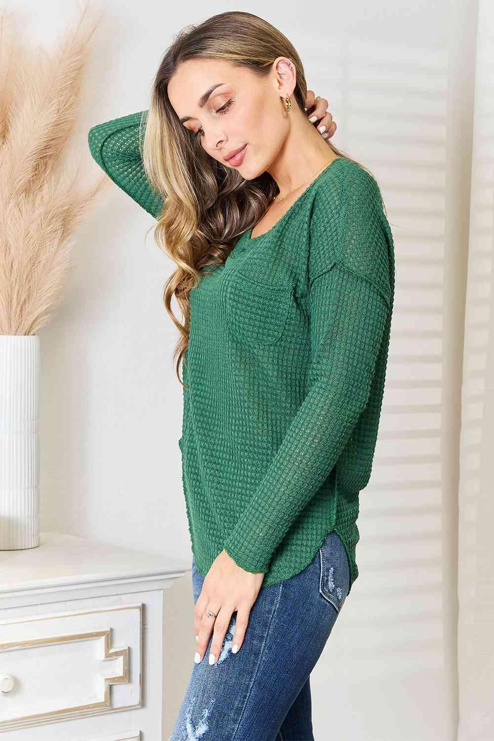 Plus Size Neck Patch Pocket Green Long Sleeve Top - MXSTUDIO.COM